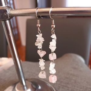 Rose Quartz and Aquamarine Chip Earrings on Silvertone Hooks - New Item (2.5")
